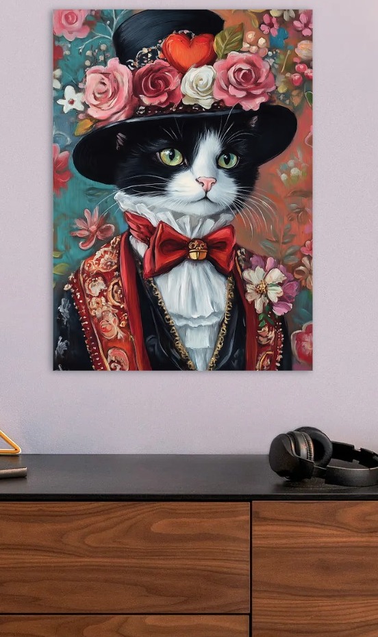 Elegant Cat Portrait with Floral Hat — metal poster wall art by Lineer