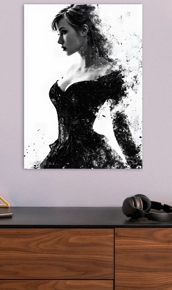 Elegant Woman in Black Dress — metal poster wall art by Lineer
