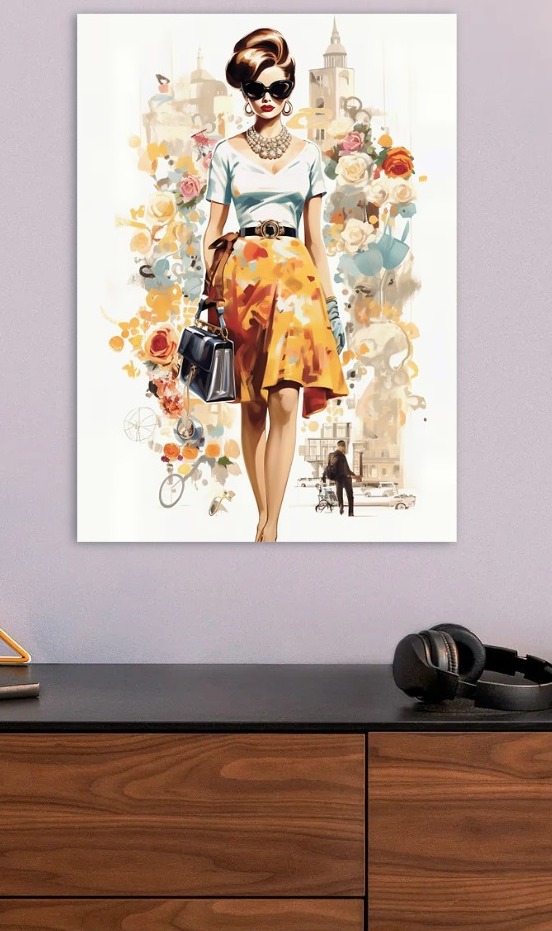 Elegant Woman in Cityscape Fashion Illustration — metal poster wall art by Lineer