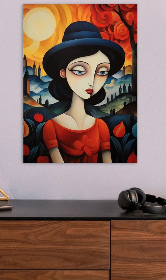 Elegant Woman in Hat, Abstract Painting — metal poster wall art by Lineer