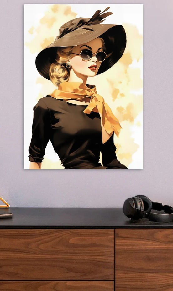 Elegant Woman in Hat and Sunglasses — metal poster wall art by Lineer