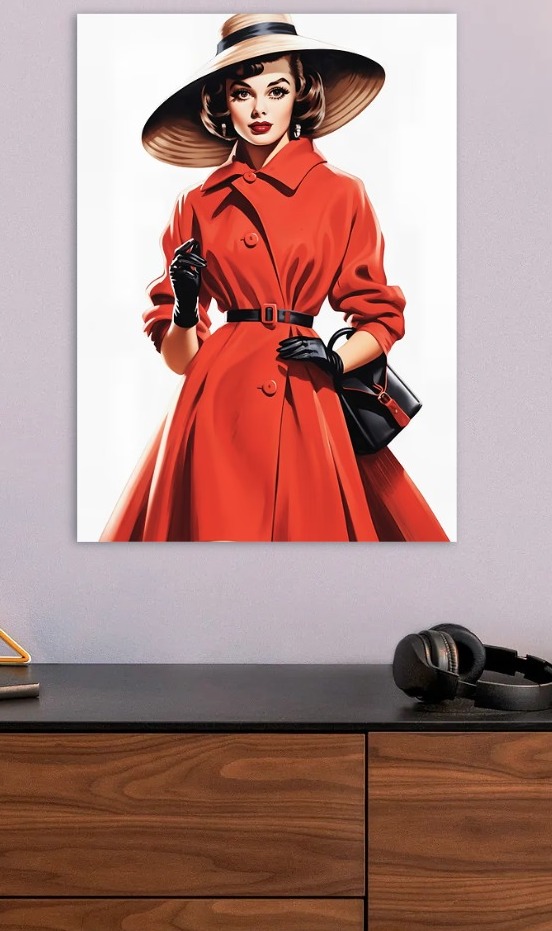Elegant Woman in Red Coat and Hat — metal poster wall art by Lineer
