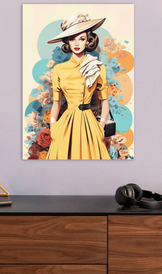 Elegant Woman in Yellow Dress — metal poster wall art by Lineer