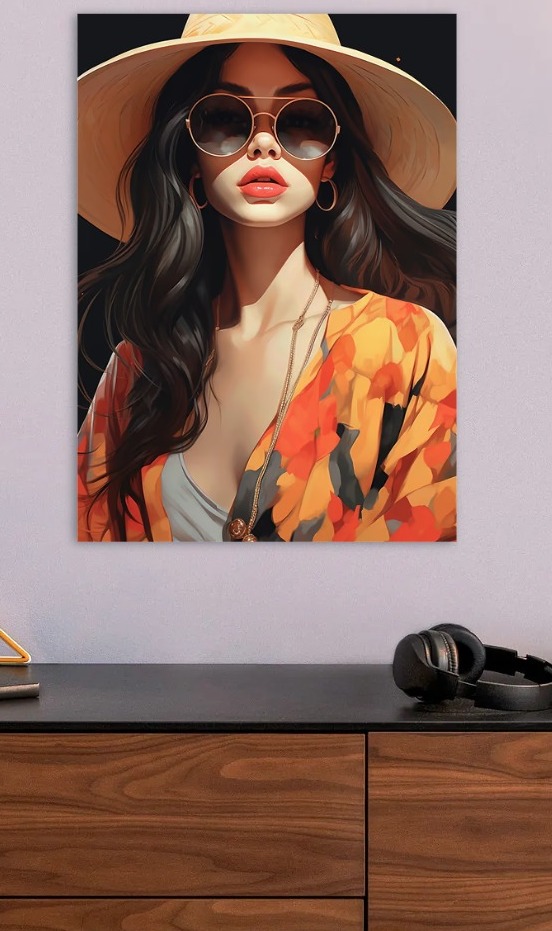 Elegant Woman with Hat and Sunglasses — metal poster wall art by Lineer