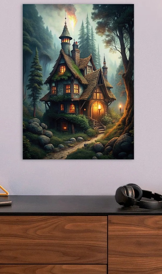 Enchanted Cottage in Misty Forest — metal poster wall art by Lineer