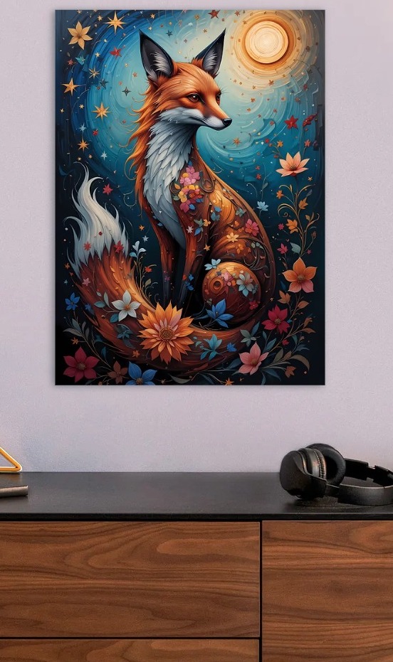 Enchanted Fox with Floral Accents — metal poster wall art by Lineer
