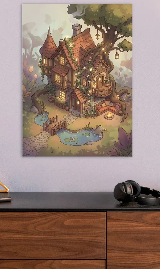 Enchanted Treehouse Cottage with Pond — metal poster wall art by Lineer