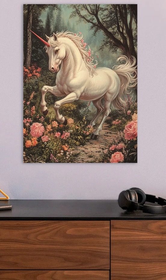 Enchanting Unicorn in a Floral Forest — metal poster wall art by Lineer