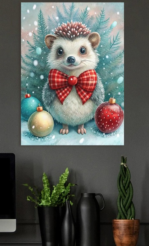 Festive Hedgehog with Bow Tie — metal poster wall art by Lineer
