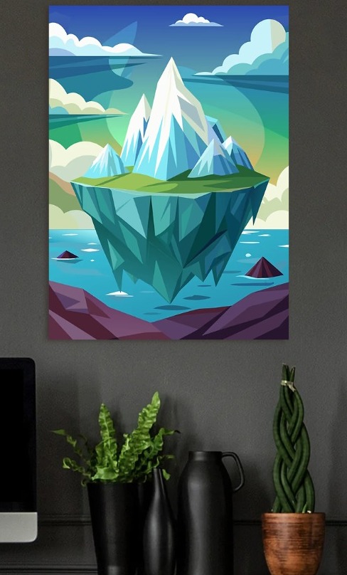 Floating Island with Snow-Capped Mountains — metal poster wall art by Lineer