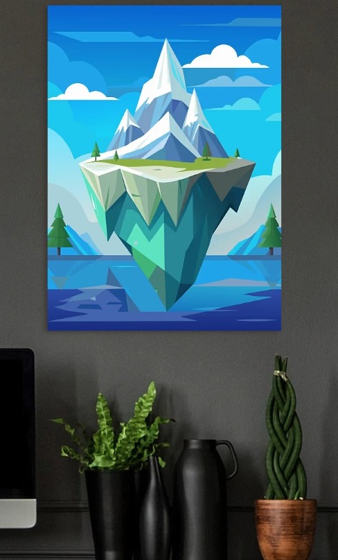 Floating Island with Snowy Mountains — metal poster wall art by Lineer