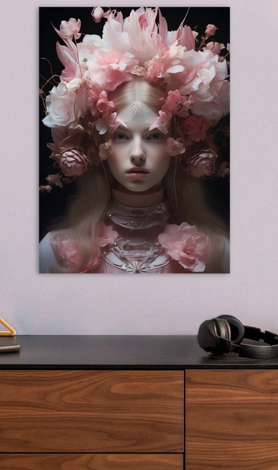 Floral Crown Portrait in Pink Hues — metal poster wall art by Lineer
