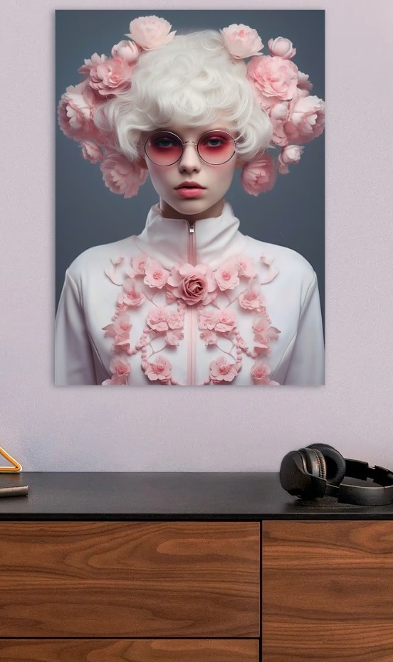 Floral Fashion Portrait with Pink Accent — metal poster wall art by Lineer