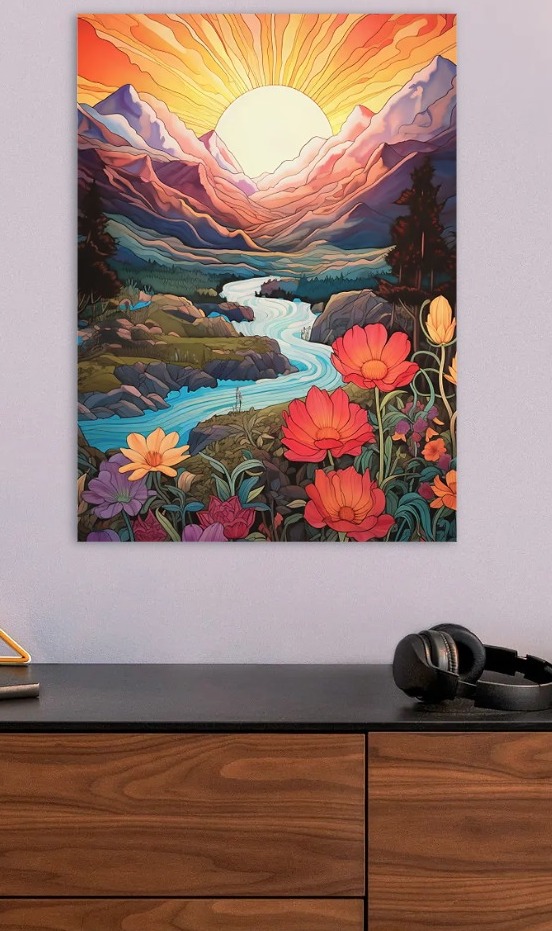 Floral Mountain Landscape with River — metal poster wall art by Lineer