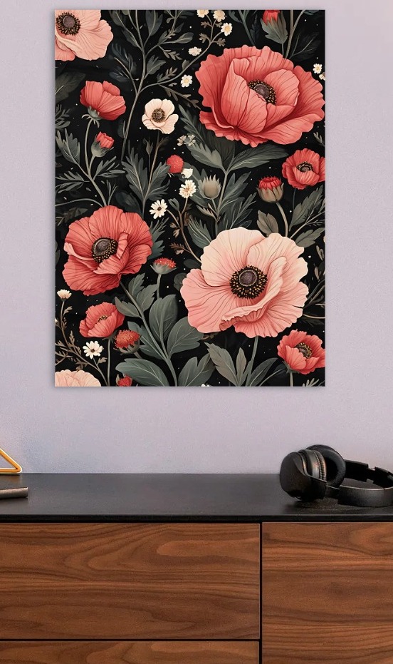 Floral Pattern with Red and Pink Poppies — metal poster wall art by Lineer