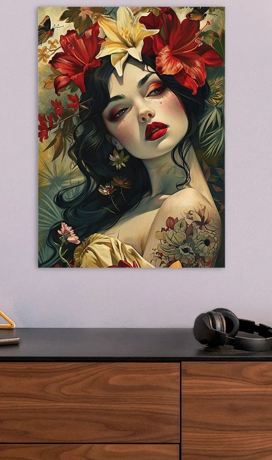 Floral Portrait of a Woman — metal poster wall art by Lineer