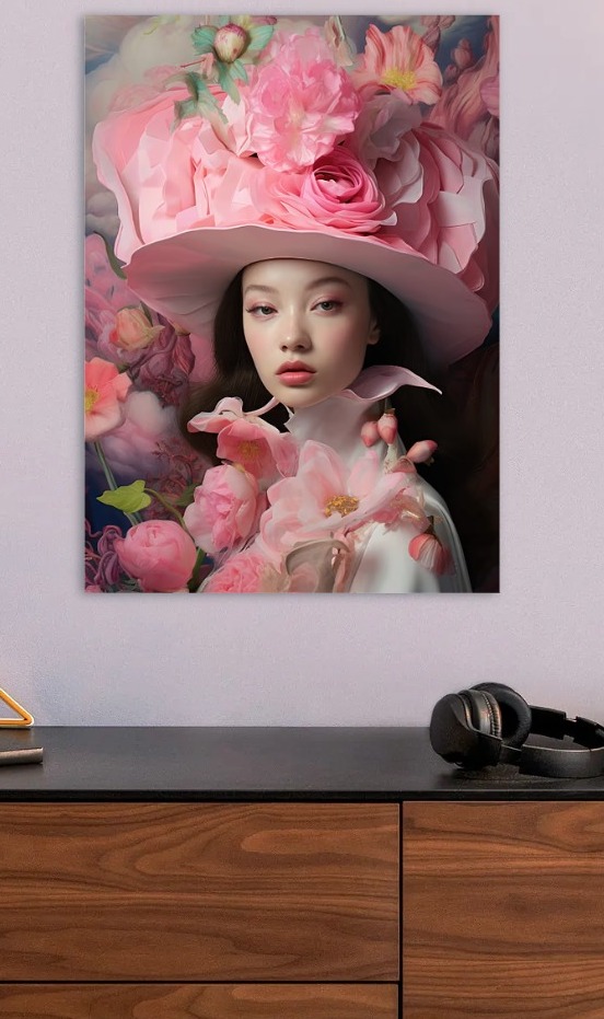 Floral Portrait with Pink Hat — metal poster wall art by Lineer