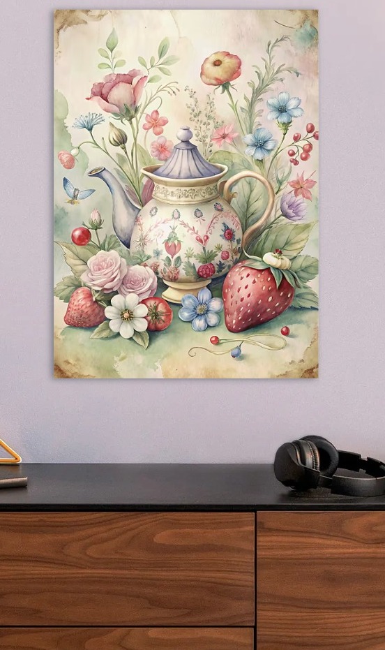 Floral Teapot and Strawberry Watercolor — metal poster wall art by Lineer