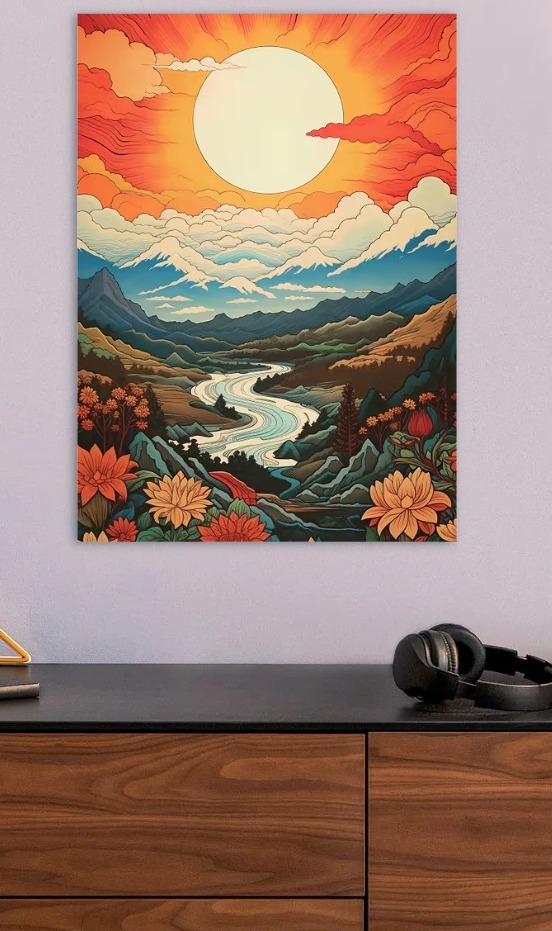 Floral Valley Landscape with River and Sunset — metal poster wall art by Lineer
