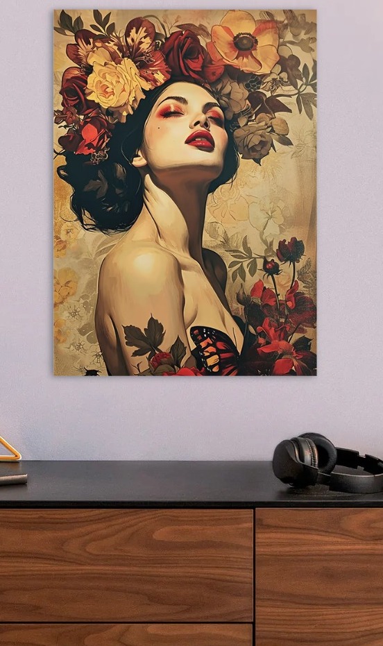Floral Woman Portrait with Butterfly — metal poster wall art by Lineer