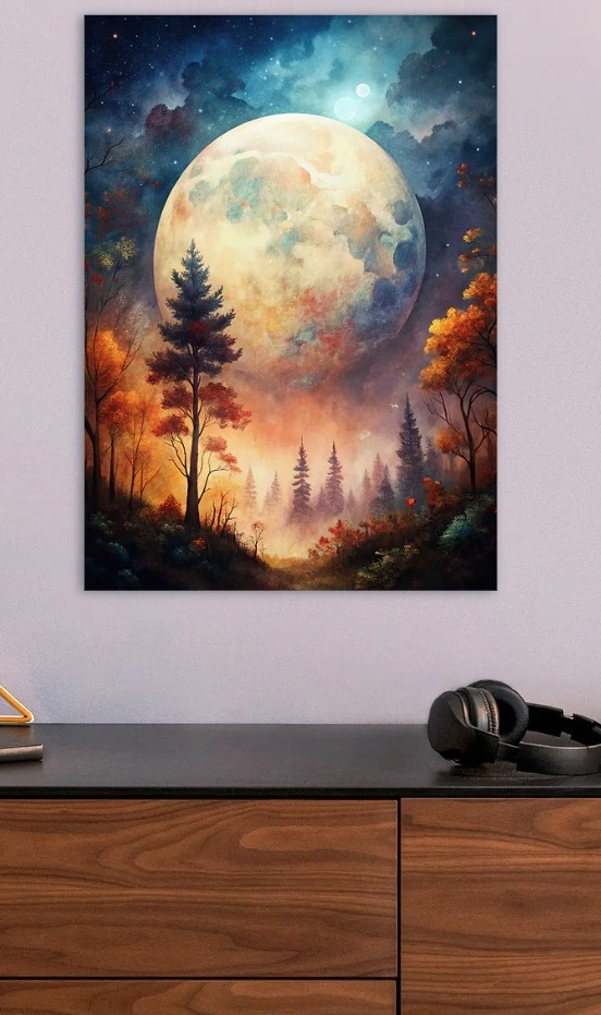 Full Moon over Autumnal Forest — metal poster wall art by Lineer