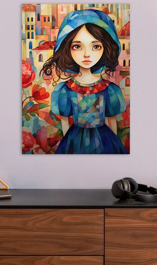 Girl in Blue Hood Watercolor Painting — metal poster wall art by Lineer