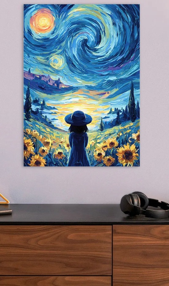 Girl in Sunflower Field Under Starry Sky — metal poster wall art by Lineer