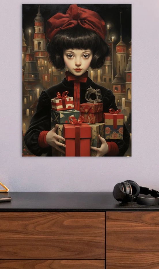 Girl with Gifts in Winter City — metal poster wall art by Lineer