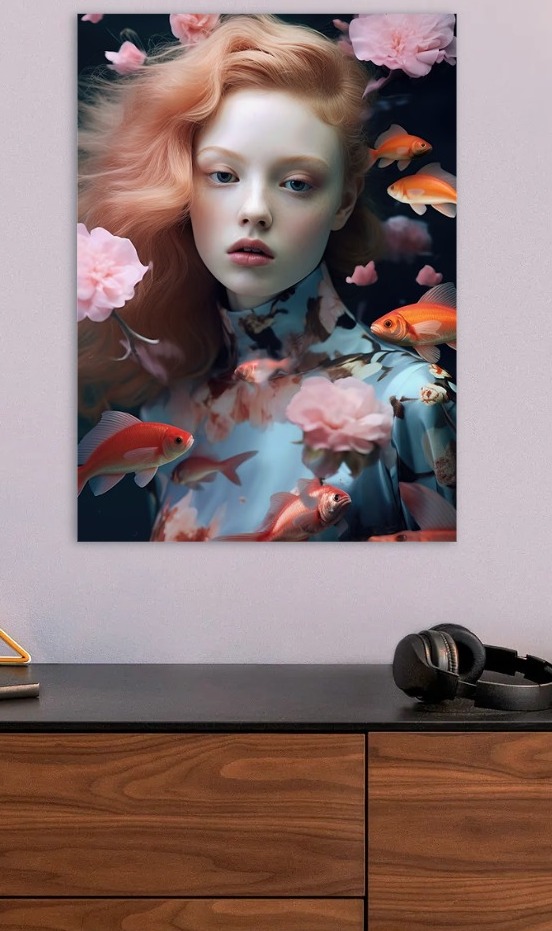 Girl with Goldfish and Pink Flowers — metal poster wall art by Lineer