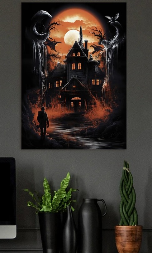 Haunted House Under a Full Moon — metal poster wall art by Lineer