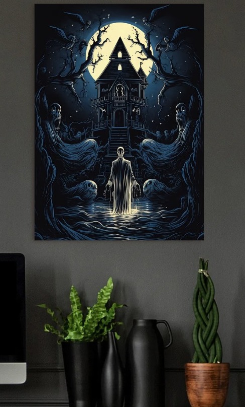 Haunted House with Ghostly Figures — metal poster wall art by Lineer