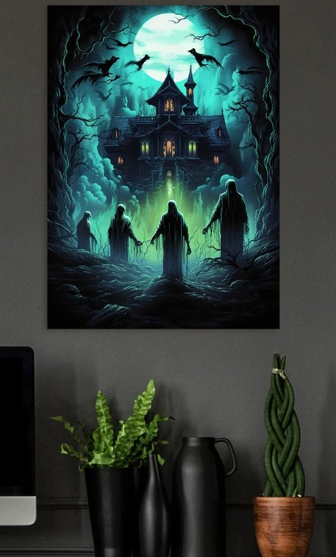 Haunted House with Ghosts and Bats — metal poster wall art by Lineer