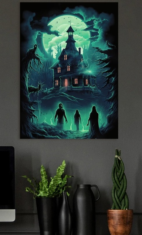 Haunted House with Ghosts in Moonlight — metal poster wall art by Lineer