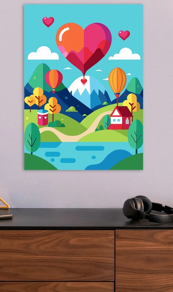 Heart-shaped Hot Air Balloon Over Mountains — metal poster wall art by Lineer
