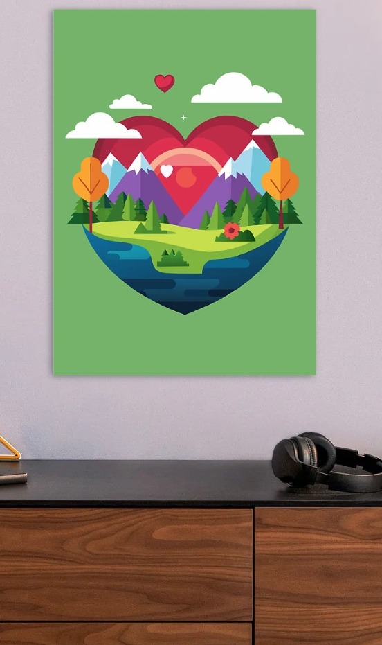 Heart-shaped Landscape with Mountains and River — metal poster wall art by Lineer