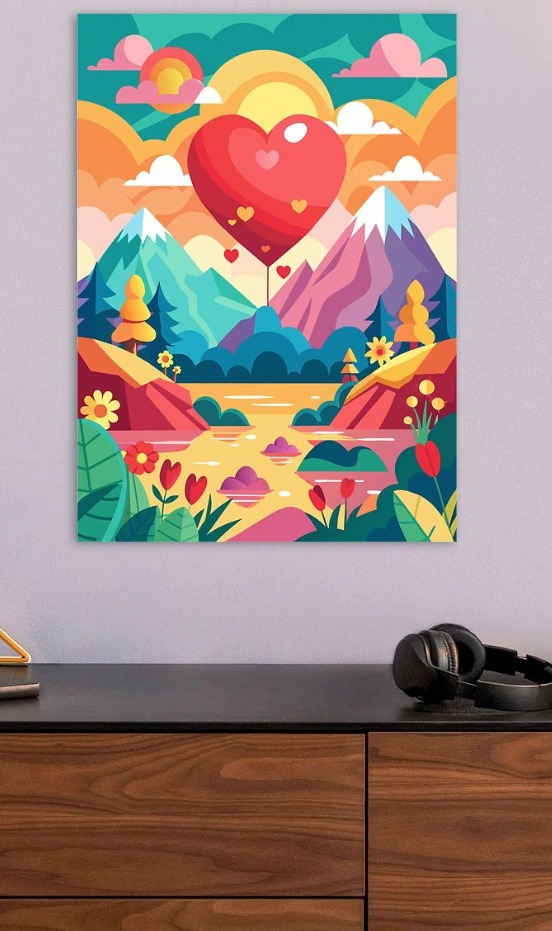 Heart Balloon Over Mountain Landscape — metal poster wall art by Lineer
