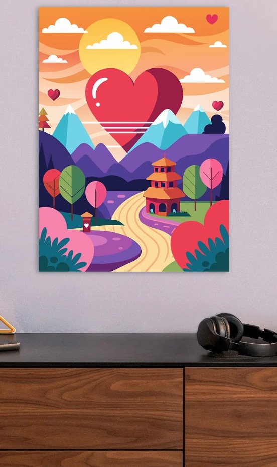 Heart Landscape with Pagoda — metal poster wall art by Lineer