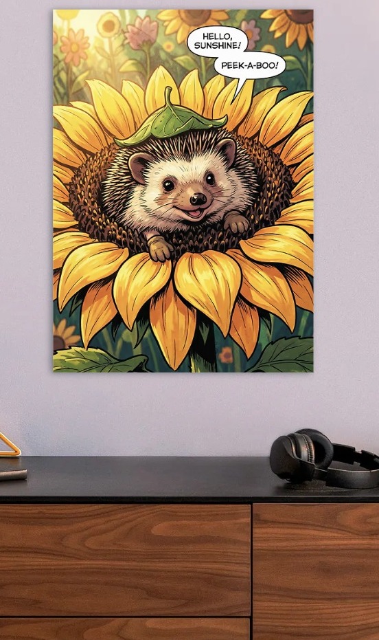 Hedgehog in a Sunflower — metal poster wall art by Lineer