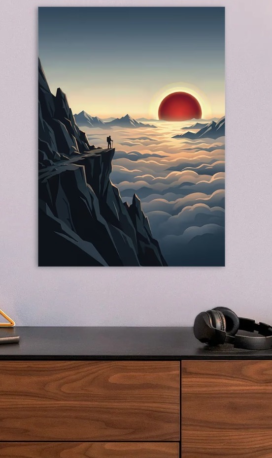 Hiker on Cliff Overlooking Clouds at Sunset — metal poster wall art by Lineer