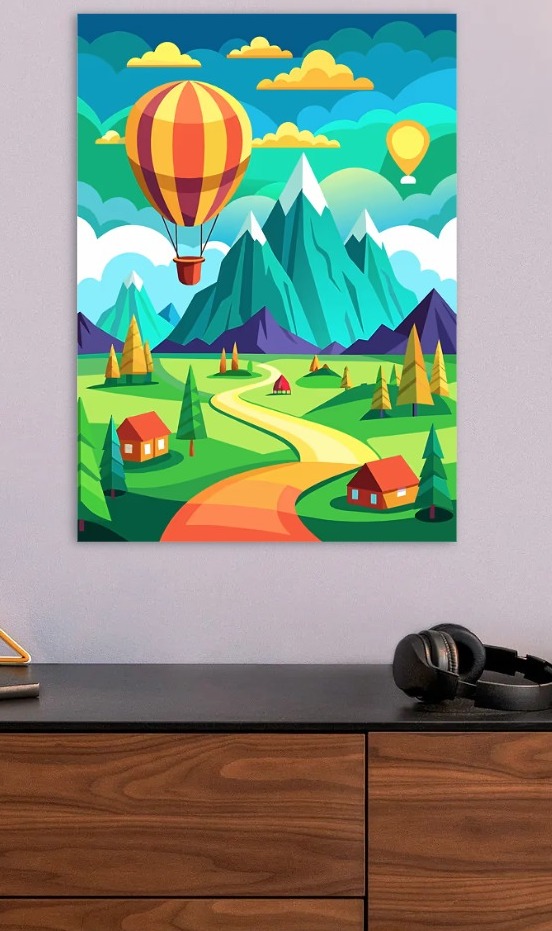 Hot Air Balloon Over Mountains — metal poster wall art by Lineer