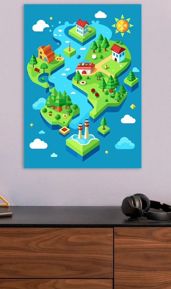 Isometric Island Village with River — metal poster wall art by Lineer