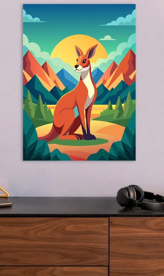 Kangaroo in a Mountain Landscape — metal poster wall art by Lineer