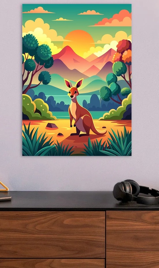 Kangaroo in a Sunset Landscape — metal poster wall art by Lineer