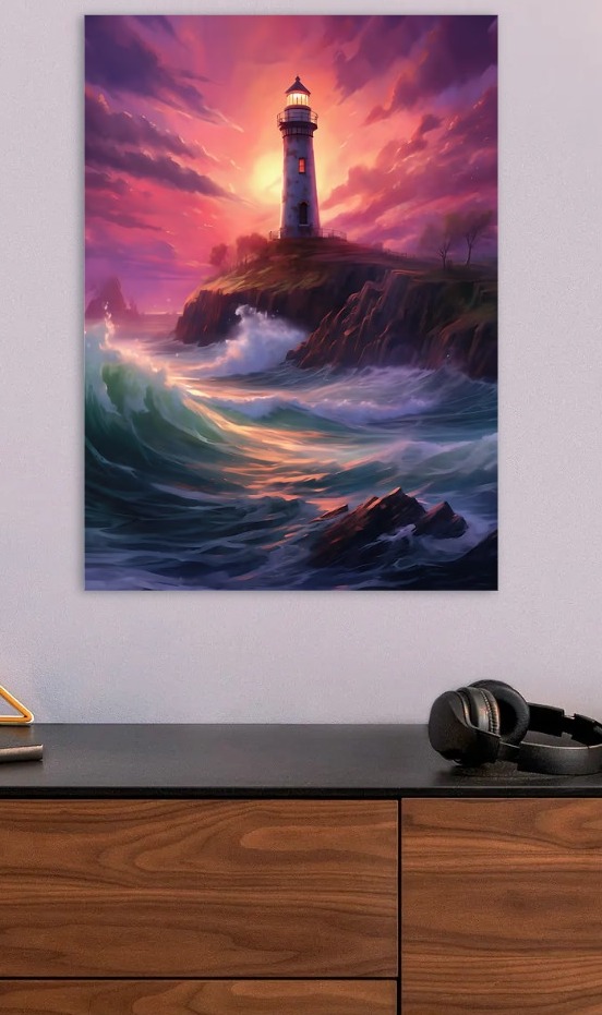 Lighthouse on a Cliff at Sunset — metal poster wall art by Lineer