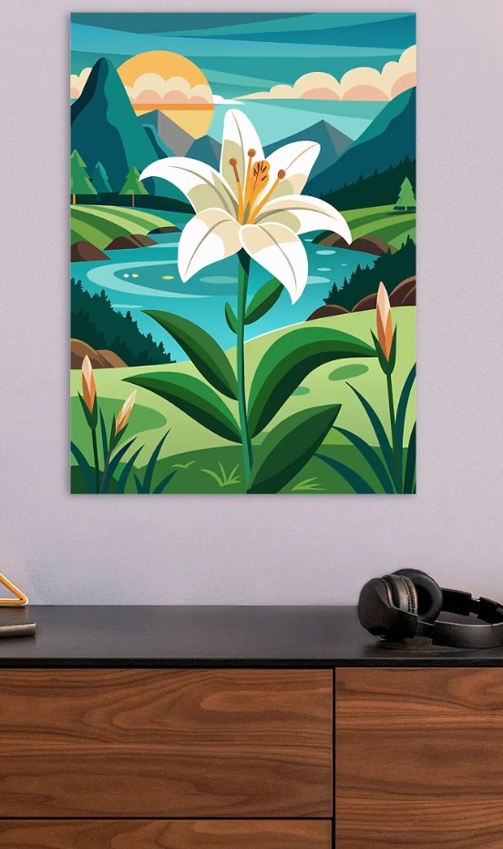 Lily Flower in a Mountain Landscape — metal poster wall art by Lineer