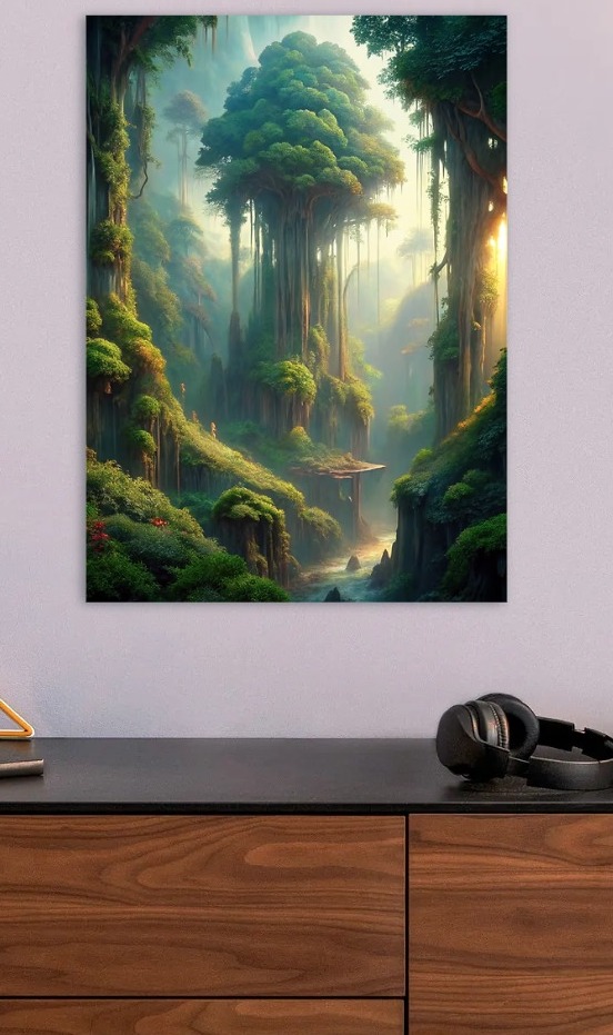 Lush Green Fantasy Jungle Landscape — metal poster wall art by Lineer