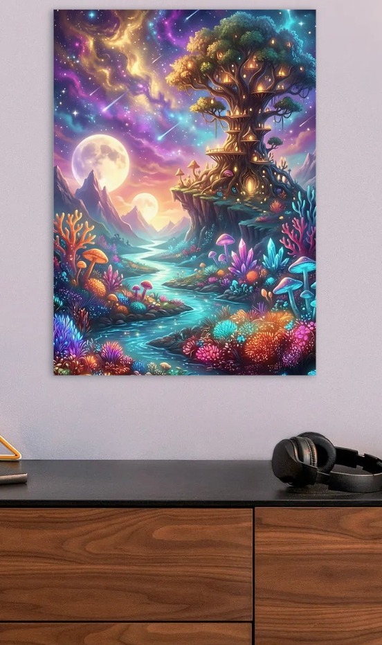 Magical Fantasy Treehouse Landscape — metal poster wall art by Lineer