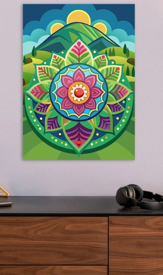 Mandala Landscape with Mountains and Sun — metal poster wall art by Lineer