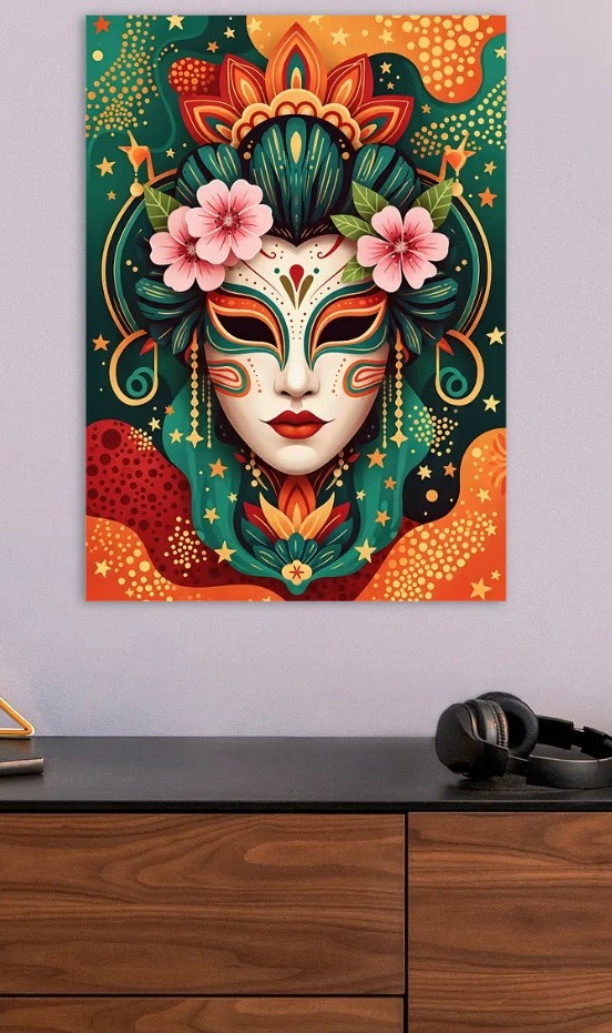 Masquerade Mask with Floral Accents — metal poster wall art by Lineer