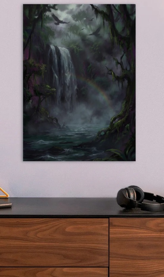 Misty Jungle Waterfall with Rainbow — metal poster wall art by Lineer